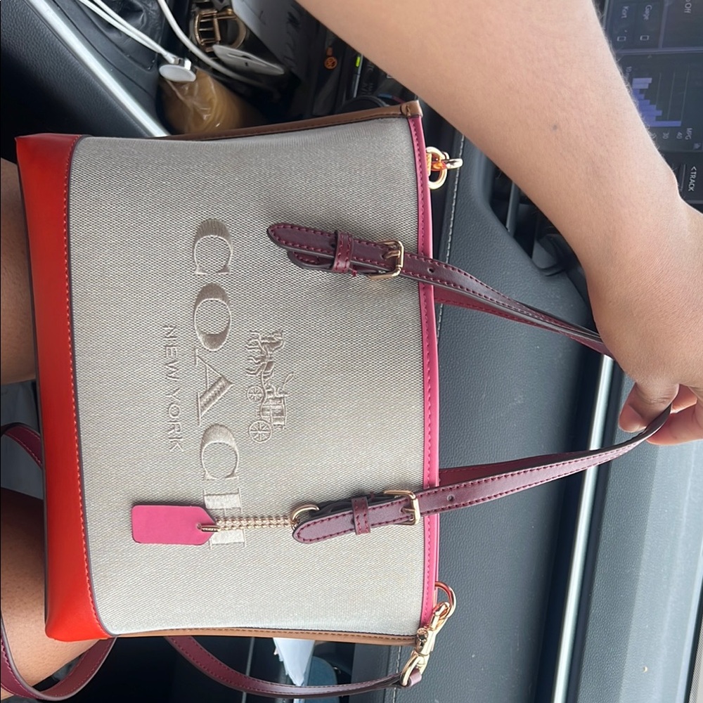 Coach Cream and Red Shoulder Bag with Structured Design